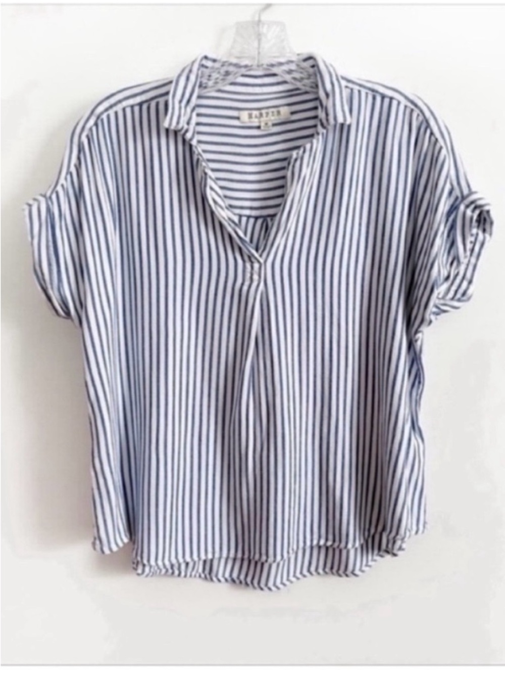 Harper Francesca's blouse white blue striped dolman sleeves high low